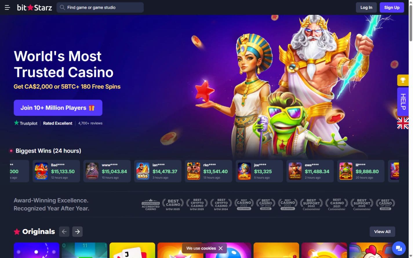 BitStarz homepage showing its casino welcome offer and recent wins