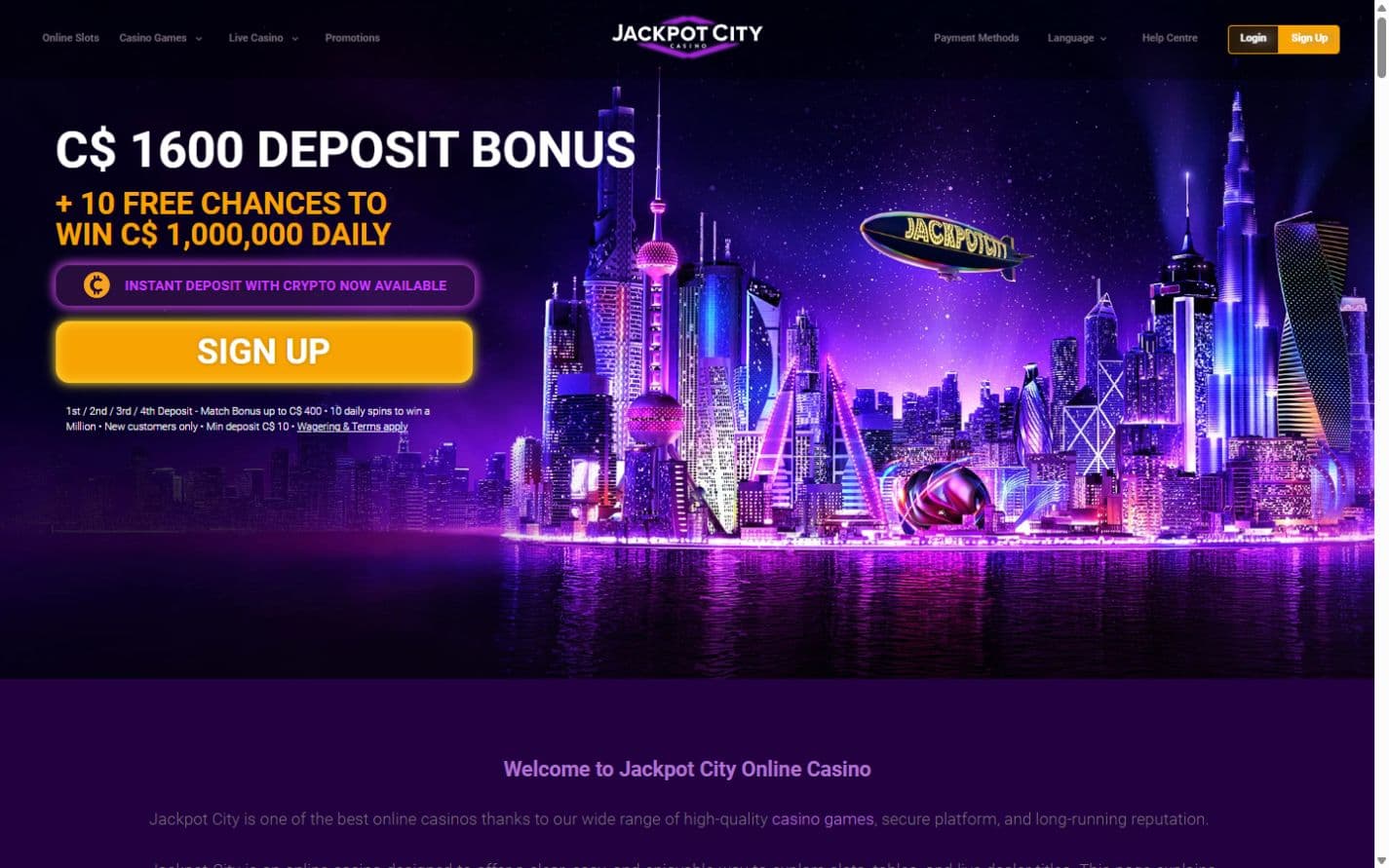 Jackpot City homepage showing its Canadian deposit offer