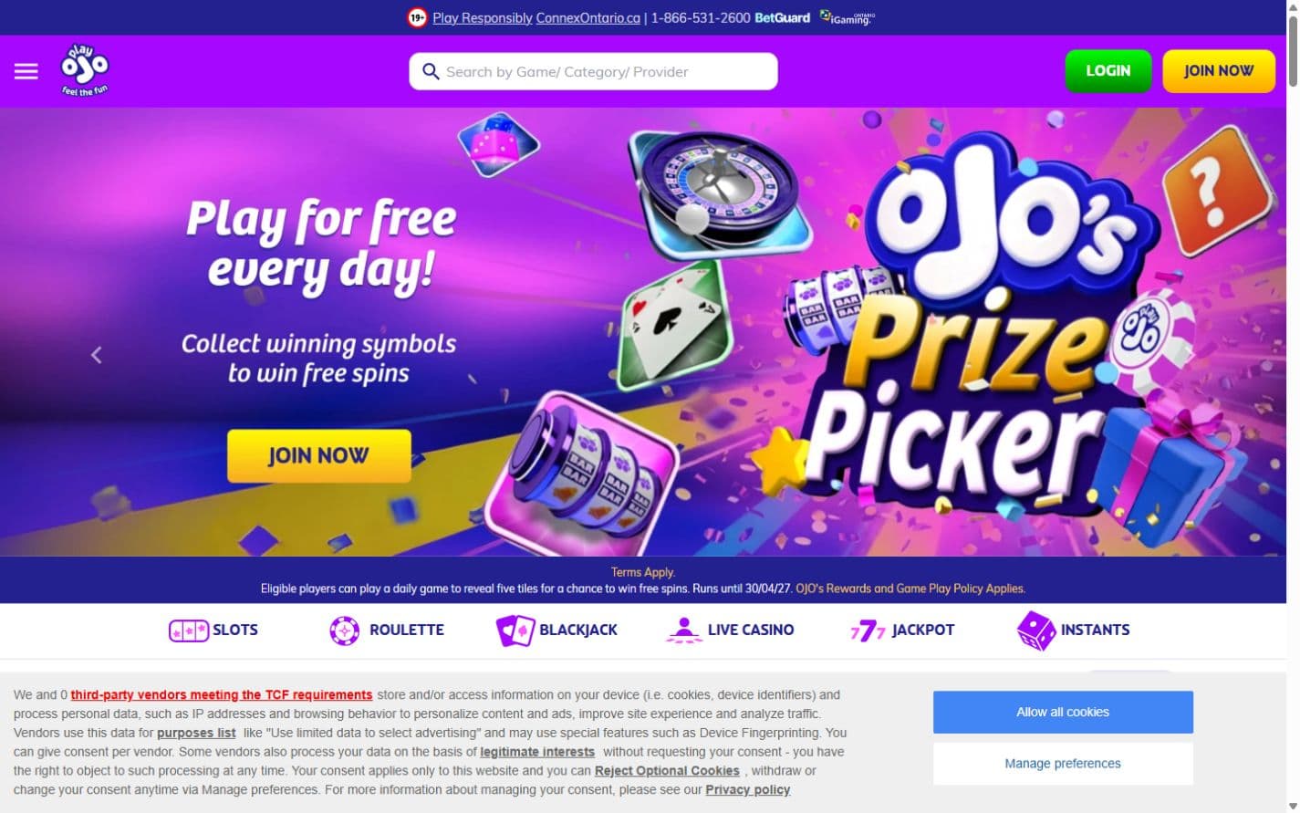 PlayOJO Ontario homepage showing the OJO's Prize Picker promotion and game categories